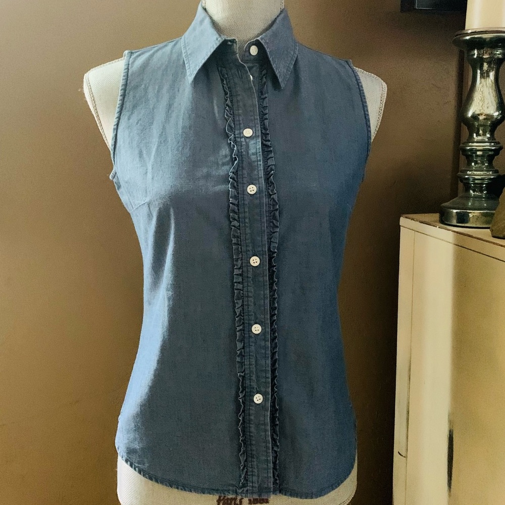Sleeveless Chambray Ruffle Button Up Shirt | Escada Sport | Euro Size 34